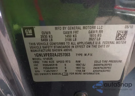 2010 Chevrolet Traverse Lt z USA, uszkodzony, nr VIN 1GNLVFED2AJ257063